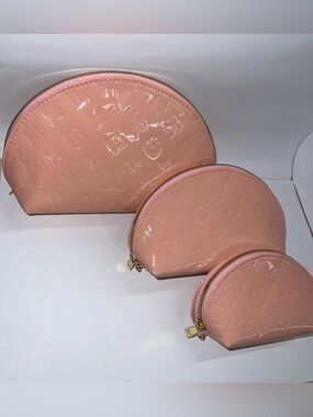 Set of 3 Pink Vegan Patent Leather Half Moon Zip Clutch Bags